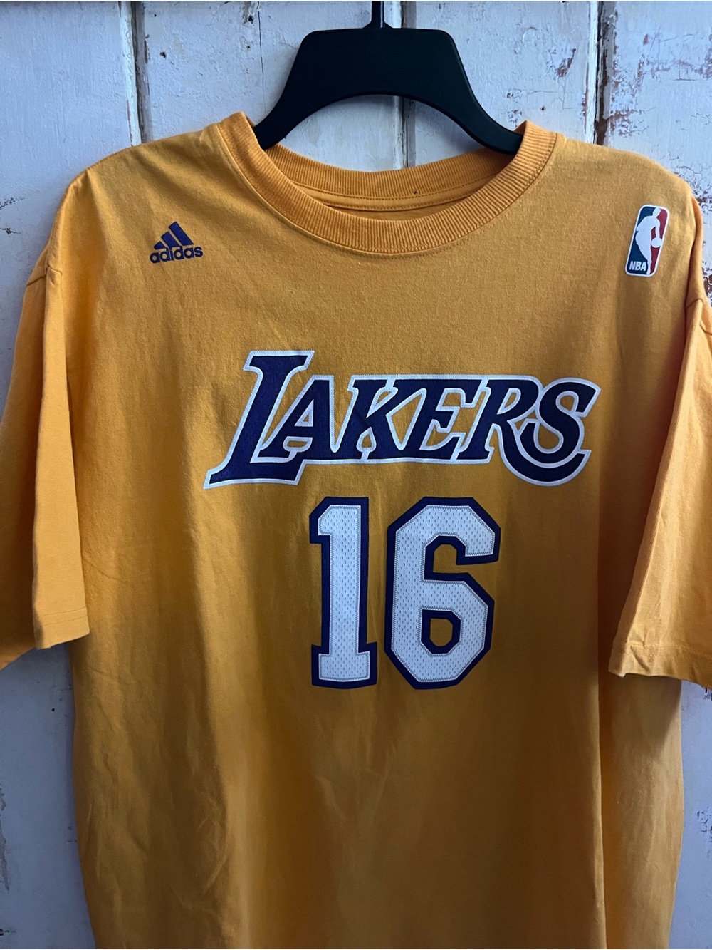 adidas LA Yellow Lakers Tee with Purple Logo & White Number 16 Gosol Fans